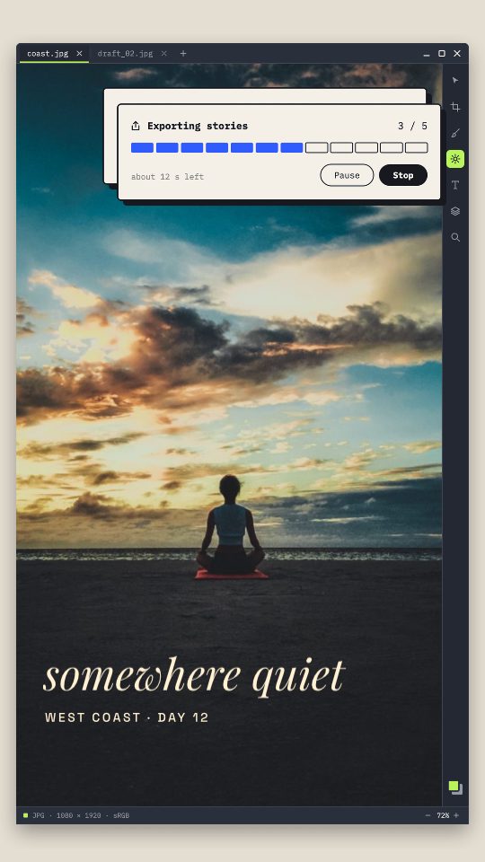Now Exporting, a story template